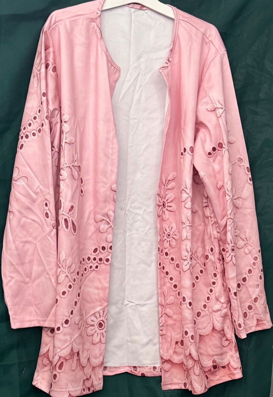 3XL Pink Polyester Floral Embroidered Long Sleeve Open Front Jacket